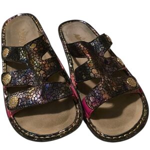 ALEGRIA Venice Queenie Leather Multicolor Snake Print slide Sandals Size 36/ US6